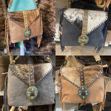 Load image into Gallery viewer, Turquoise Stone Cowhide Tooled Crossbody Purse
