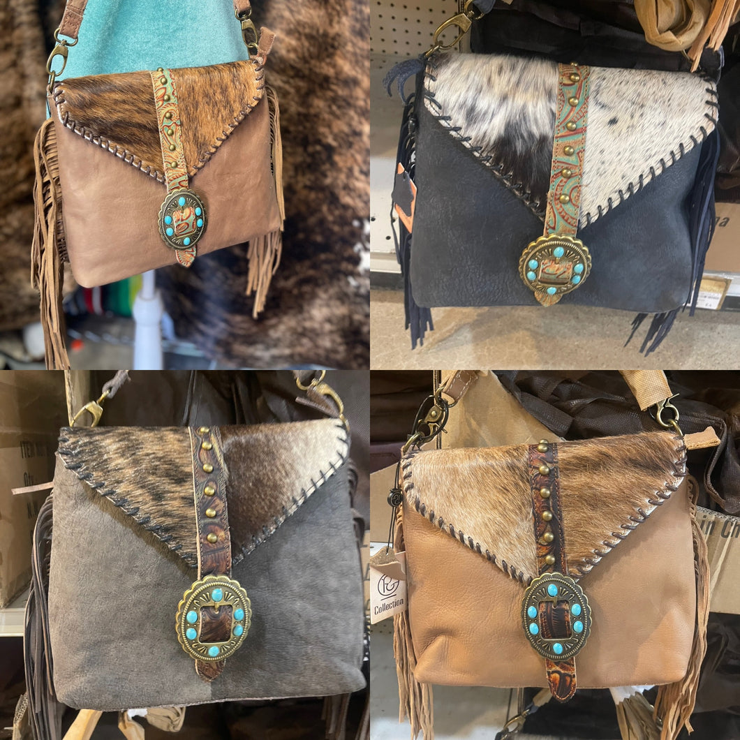 Turquoise Stone Cowhide Tooled Crossbody Purse