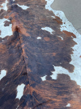 Load image into Gallery viewer, Tricolor Brindle Columbian Cowhide Rug 83x78” B127
