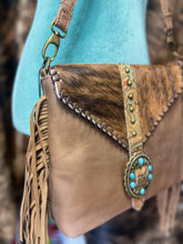 Load image into Gallery viewer, Turquoise Stone Cowhide Tooled Crossbody Purse
