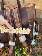 Load image into Gallery viewer, Tooled Leather Cowhide Highland Cow Pink Cowgirl Boot Backpacks
