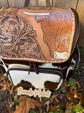 Load image into Gallery viewer, Tooled Leather Cowhide Highland Cow Pink Cowgirl Boot Backpacks
