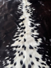 Load image into Gallery viewer, Black Brown &amp; White Spotted Cowhide Rug 53x54”
