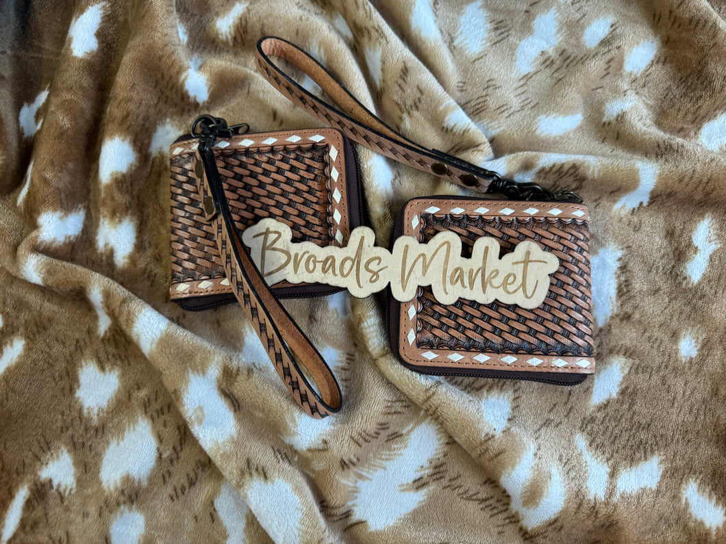 Tooled Leather Hatched Wristlet Wallet