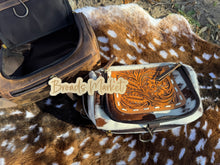 Load image into Gallery viewer, Tooled Cowhide &amp; Leather Cosmetic Hanging Travel Cases
