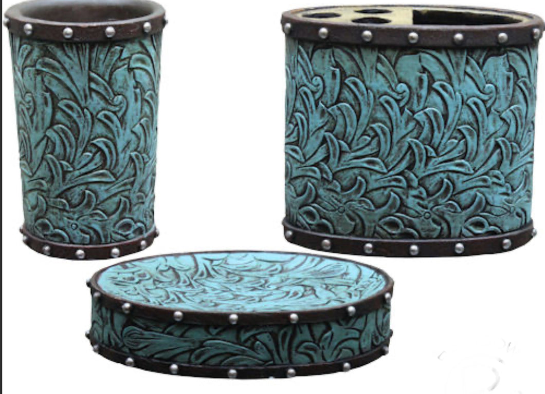 Turquoise Tooled 3 Piece Bathroom Set