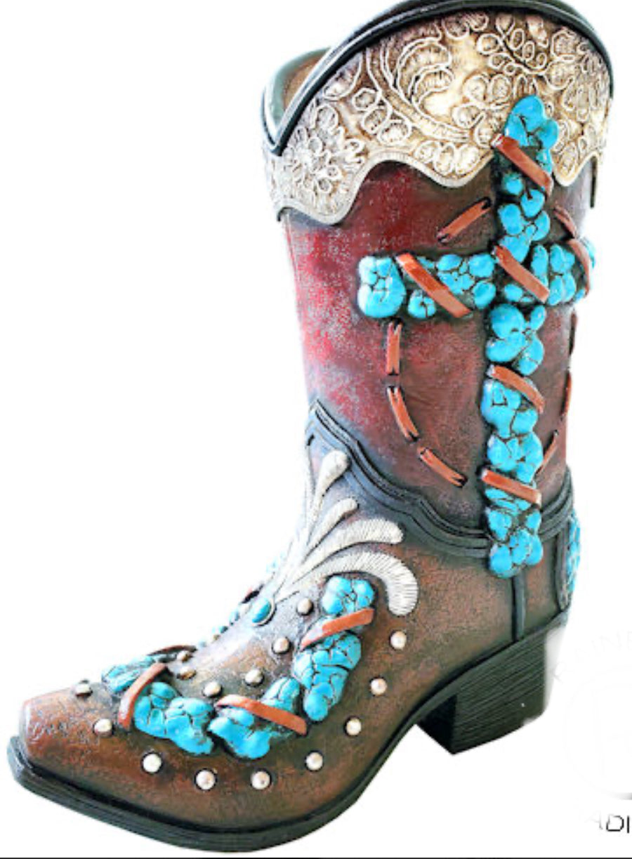 Turquoise Cross Lace Boot Vase