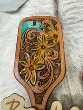 Load image into Gallery viewer, Tooled Leather Sunflower &amp; Turquoise Hairbrush
