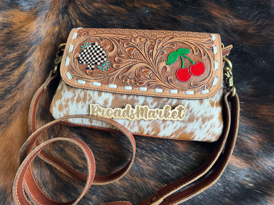 Cowhide Checkered Spade Cherry Crossbody Purse