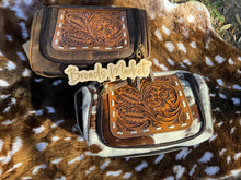 Load image into Gallery viewer, Tooled Cowhide &amp; Leather Cosmetic Hanging Travel Cases
