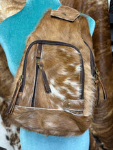 Load image into Gallery viewer, Cowhide &amp; Distressed Leather Bum Sling Backpack
