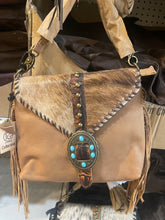 Load image into Gallery viewer, Turquoise Stone Cowhide Tooled Crossbody Purse
