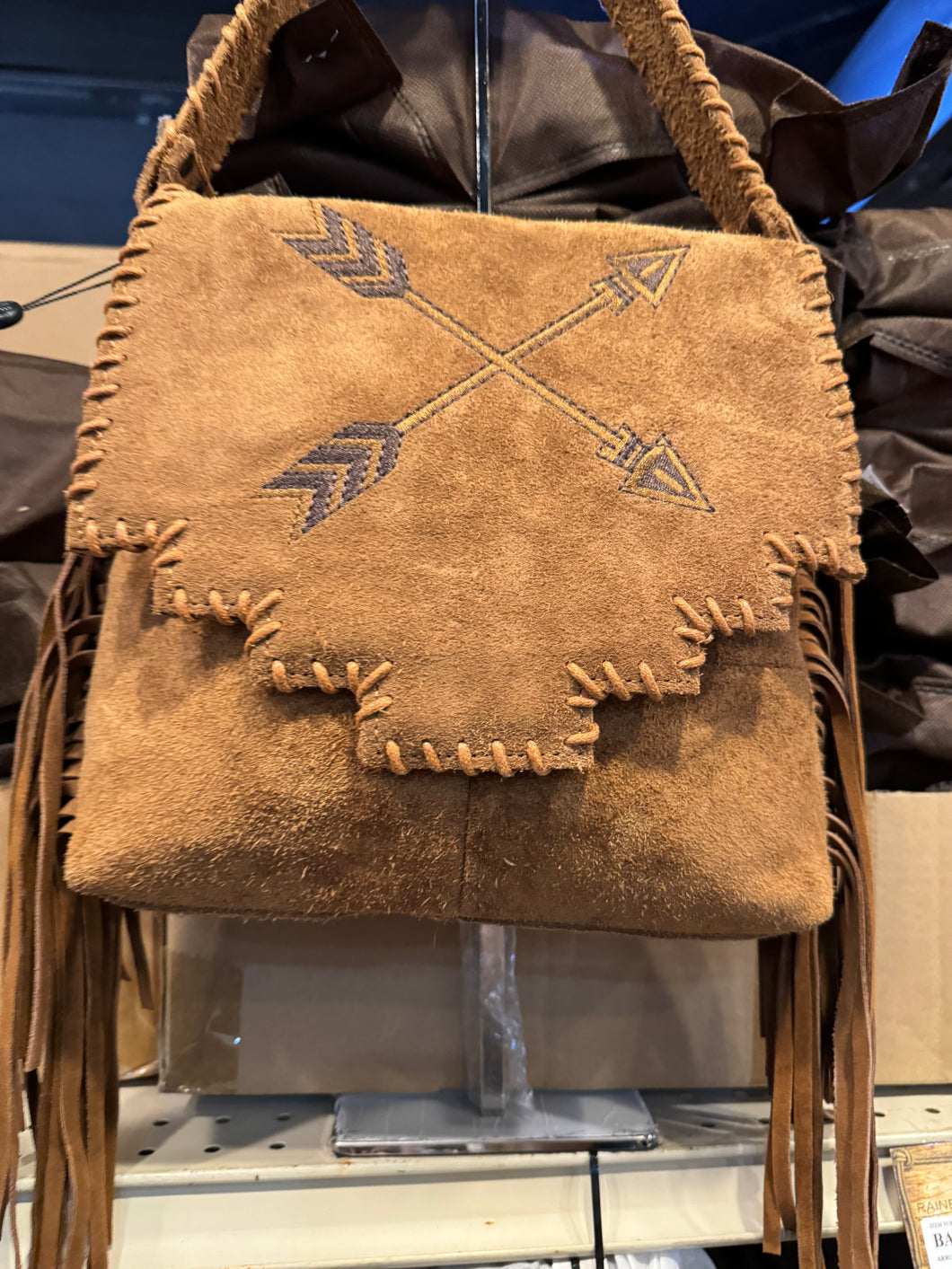 Suede Leather Fringe Arrow Crossbody Purse