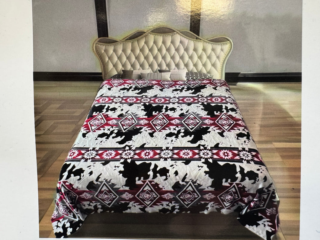 Queen Red Aztec Cow Print Plush Blanket