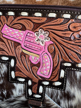 Load image into Gallery viewer, Patsy Pink Pistol Tooled Cowhide Crossbody Fringe Purse
