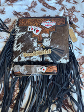 Load image into Gallery viewer, Vegas Rodeo Cards Cowhide Crossbody Fringe Purse
