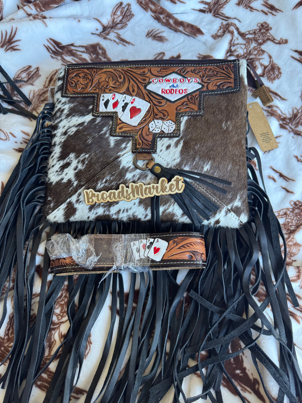 Vegas Rodeo Cards Cowhide Crossbody Fringe Purse