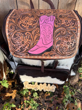 Load image into Gallery viewer, Tooled Leather Cowhide Highland Cow Pink Cowgirl Boot Backpacks
