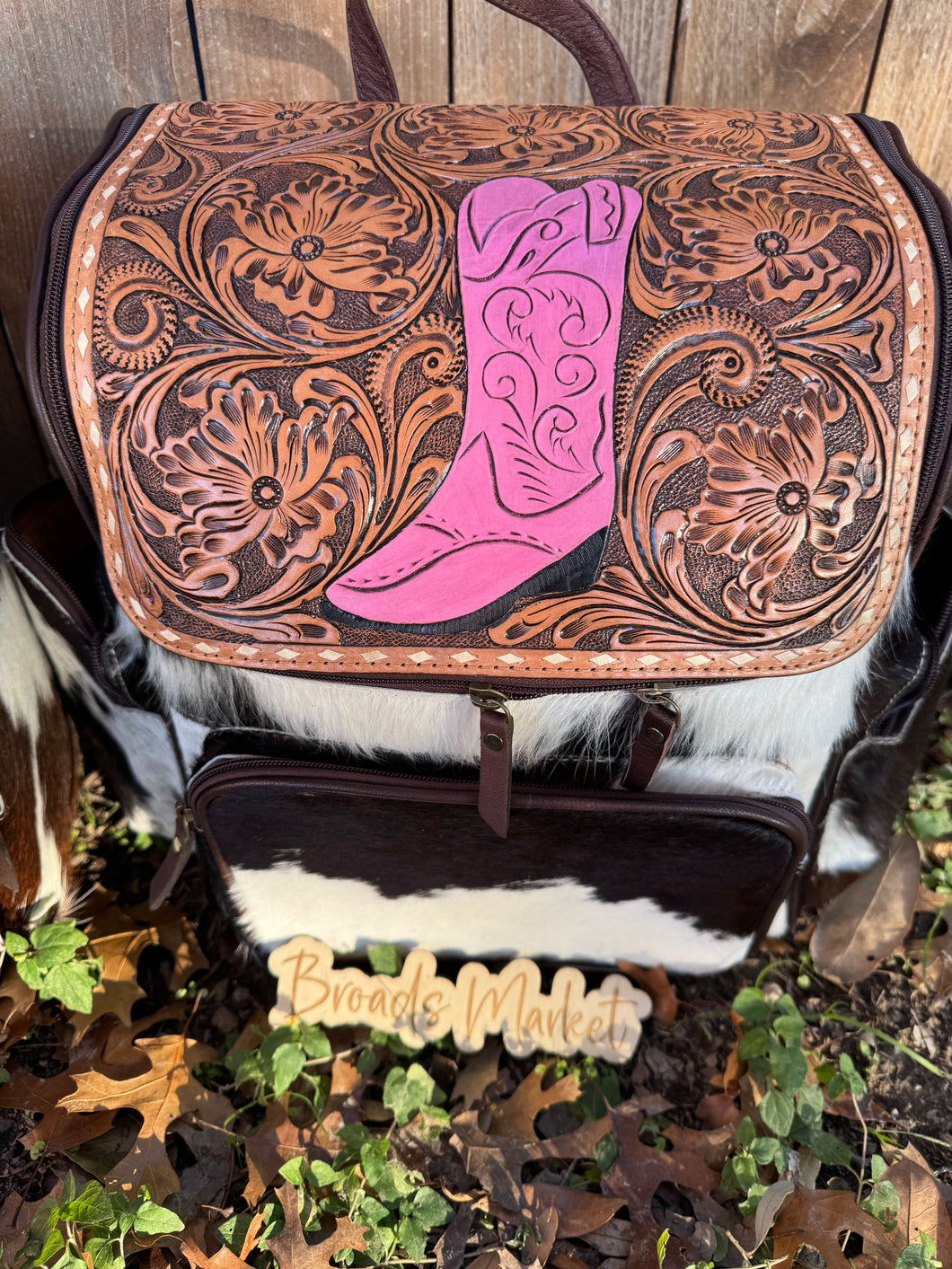 Tooled Leather Cowhide Highland Cow Pink Cowgirl Boot Backpacks