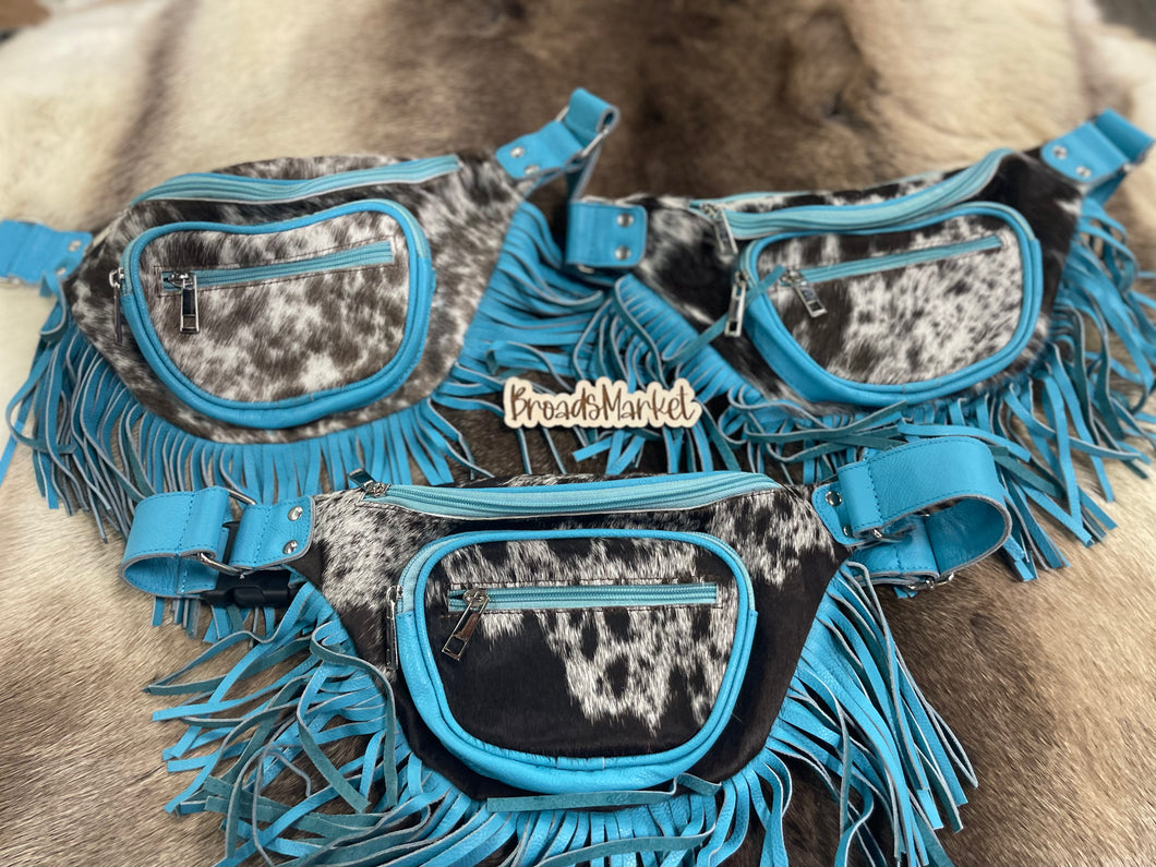 Blue Fringe Cowhide Leather Fanny Bum Sling Bags