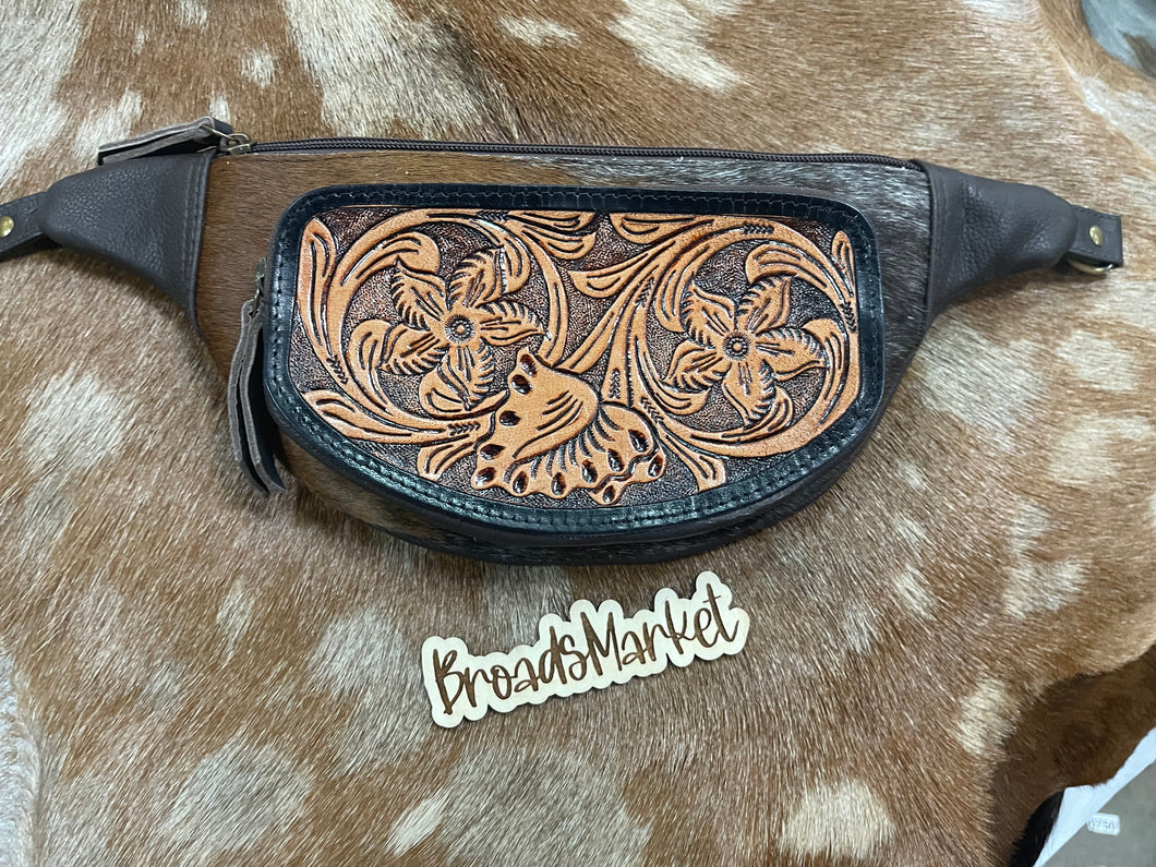 Tooled Leather Cowhide Fanny Bum Sling Bag