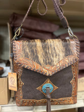 Load image into Gallery viewer, Cowhide Tooled Turquoise Concho Purse
