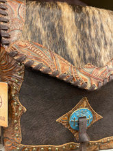 Load image into Gallery viewer, Cowhide Tooled Turquoise Concho Purse
