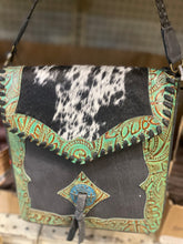 Load image into Gallery viewer, Cowhide Tooled Turquoise Concho Purse
