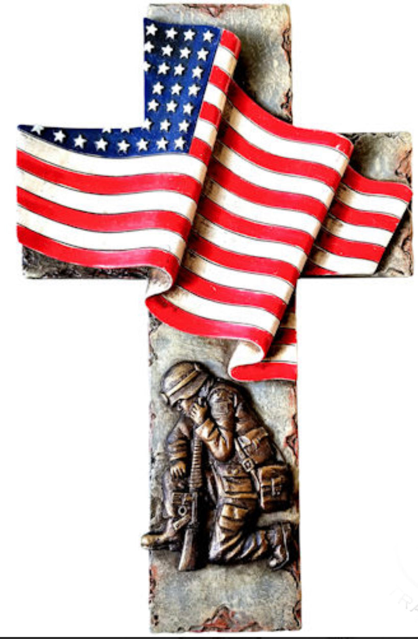 US Flag Praying Solider Cross