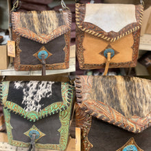 Load image into Gallery viewer, Cowhide Tooled Turquoise Concho Purse
