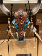 Load image into Gallery viewer, Turquoise Leather Feather Cowskull
