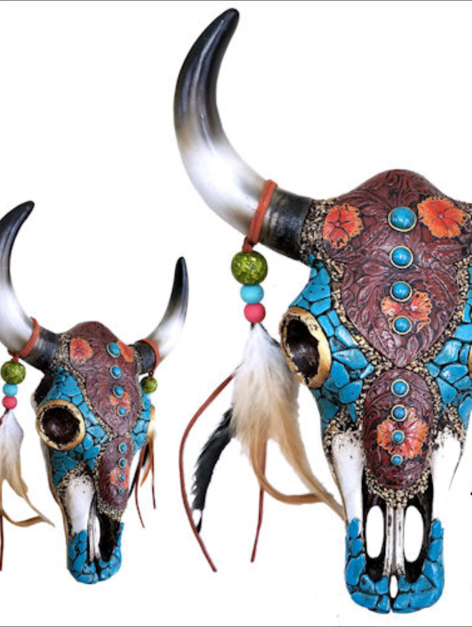 Turquoise Leather Feather Cowskull