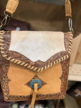 Load image into Gallery viewer, Cowhide Tooled Turquoise Concho Purse
